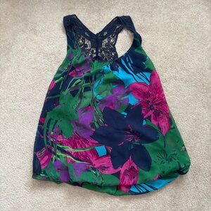 Express Navy and Green Floral Top with Lace Detail